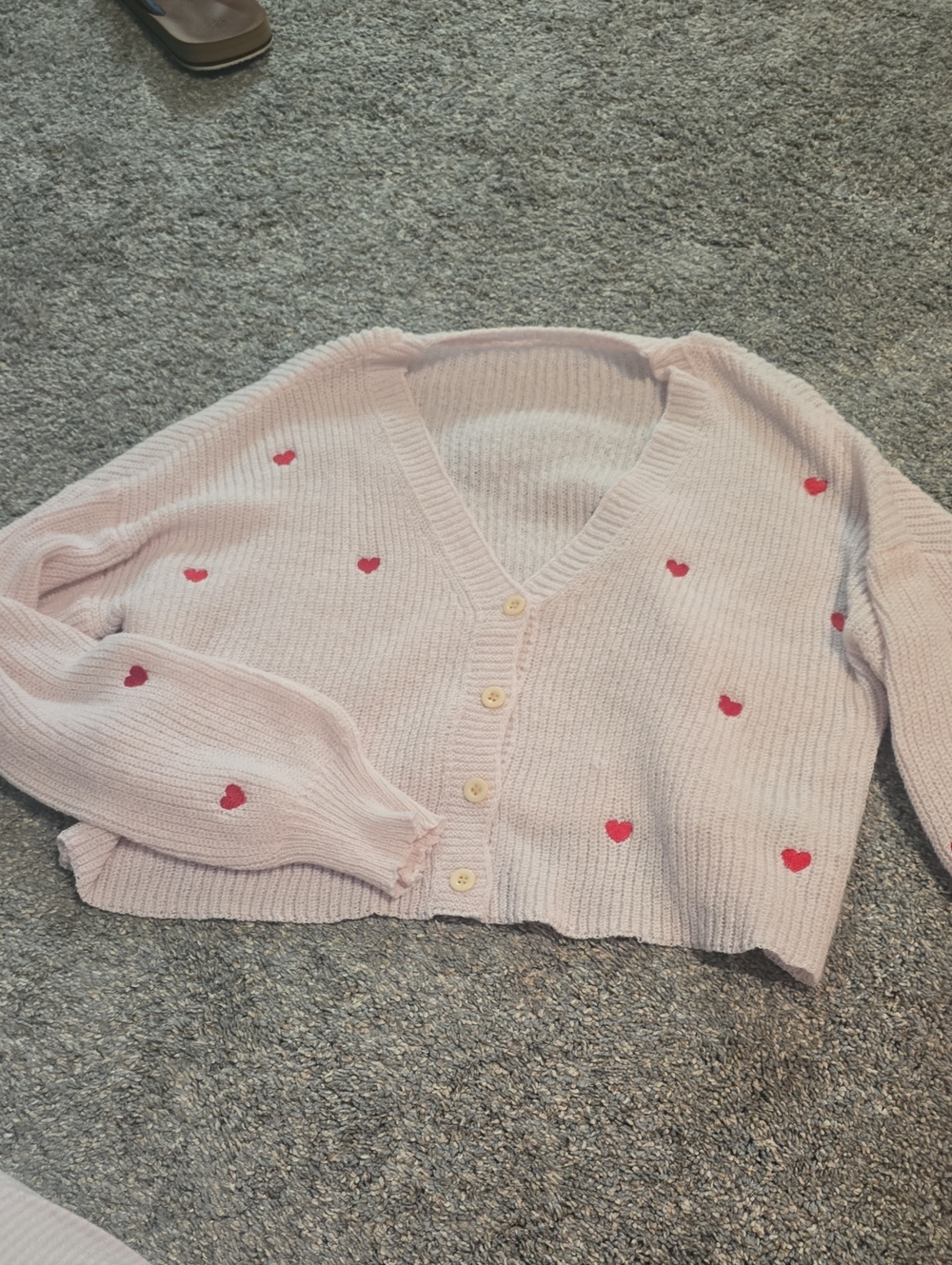 SHEIN Light Pink V-Neck Button Cardigan with Red Heart Details